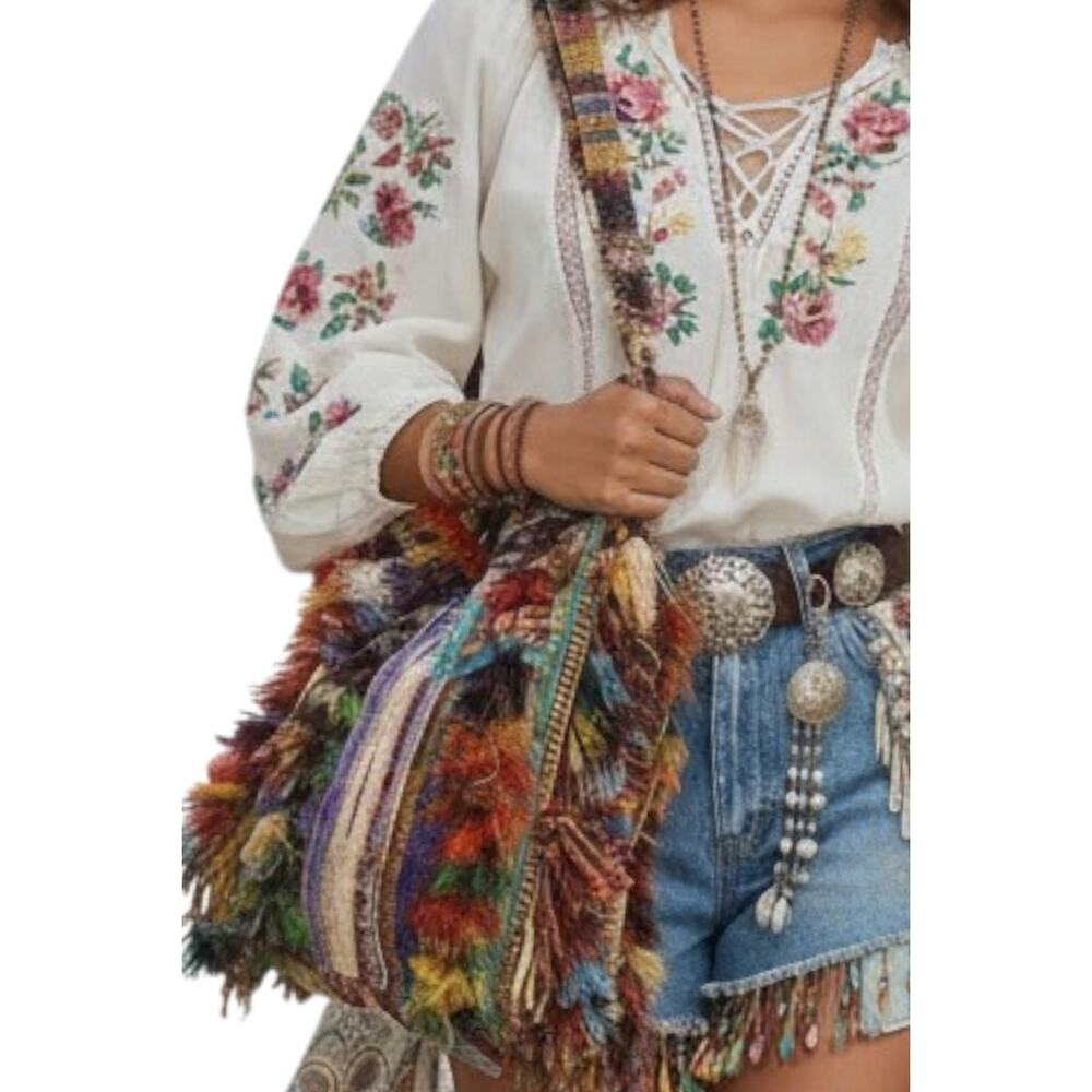 Boho Silk Blend Woven Fringe Tote Bag Multicolor Artisan Festival Shoulder Bag